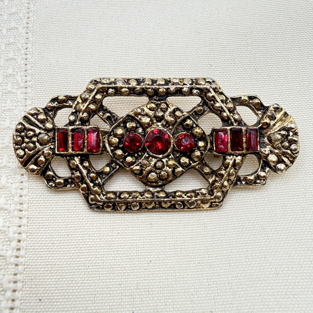 Vintage Victorian Revival Gold Tone Bar Pin Filigree Brooch w/ Red Rhinestones